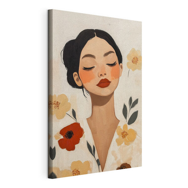 Canvas Schilderijen Vrouw met rode lippen en bloemen