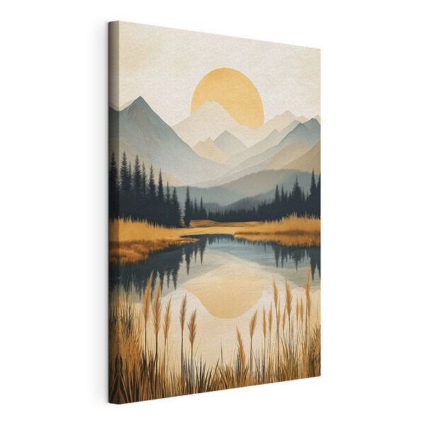 Canvas Schilderijen Landschap met een meer, bergen en bomen