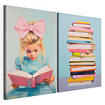 Modulaire canvasprint Een meisje dat een boek leest en een stapel boeken