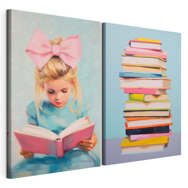 Een meisje dat een boek leest en een stapel boeken Modulaire canvasprint Een meisje dat een boek leest en een stapel boeken