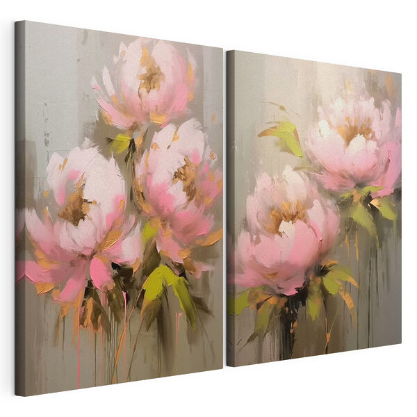 Schilderij van bloemen op een grijze achtergrond Modulaire canvasprint Schilderij van bloemen op een grijze achtergrond