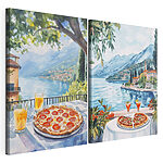 Modulaire canvasprint Aquarelschilderij van een tafel met pizza’s en drankjes erop