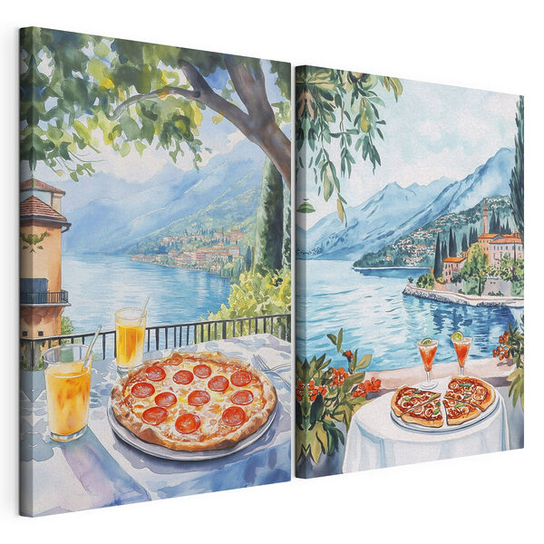 Modulaire canvasprint Aquarelschilderij van een tafel met pizza’s en drankjes erop