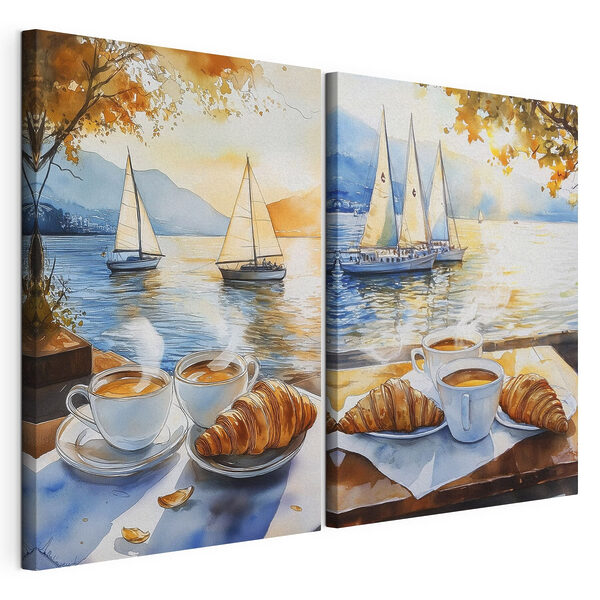 Aquarel van een paar kopjes koffie en croissants op een tafel, met bootjes op de achtergrond Modulaire canvasprint Aquarel van een paar kopjes koffie en croissants op een tafel, met bootjes op de achtergrond