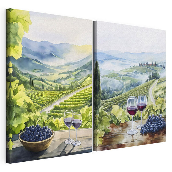 Schilderij van wijnglazen en druiven op een tafel Modulaire canvasprint Schilderij van wijnglazen en druiven op een tafel