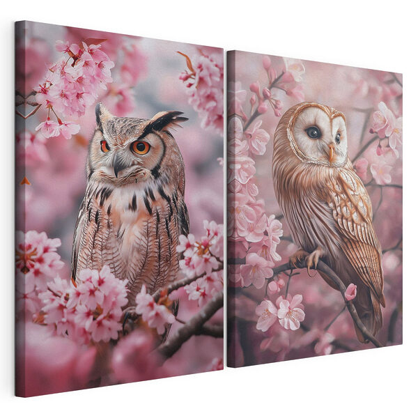 Modulaire canvasprint Collage van uilen op een boomtak