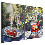 Modulaire canvasprint Aquarelschilderij van wijnglazen en aardbeien