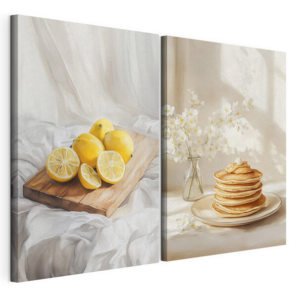 Citroenen op een snijplank en een stapel pannenkoeken Modulaire canvasprint Citroenen op een snijplank en een stapel pannenkoeken
