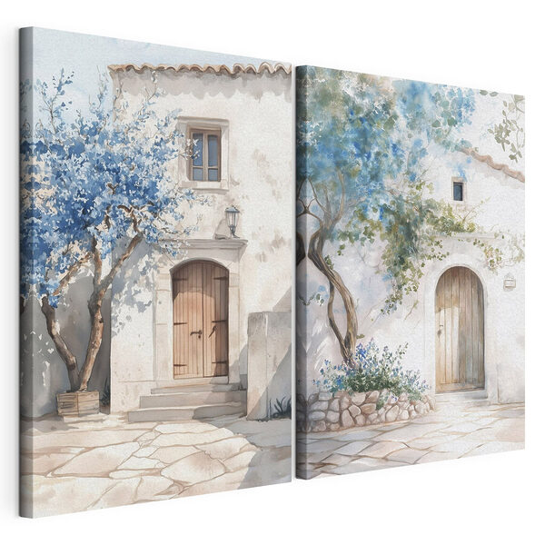 Aquarelschilderij van een huis met een deur en een deuropening Modulaire canvasprint Aquarelschilderij van een huis met een deur en een deuropening