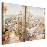 Modulaire canvasprint Schilderij van een balkon met een tafel en stoelen en een balkon met uitzicht op een stad