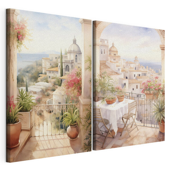 Schilderij van een balkon met een tafel en stoelen en een balkon met uitzicht op een stad Modulaire canvasprint Schilderij van een balkon met een tafel en stoelen en een balkon met uitzicht op een stad