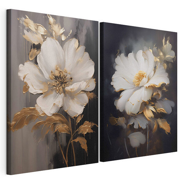 Twee schilderijen van bloemen op een zwarte achtergrond Modulaire canvasprint Twee schilderijen van bloemen op een zwarte achtergrond