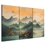 Modulaire canvasprint Bergketen met water en vliegende vogels