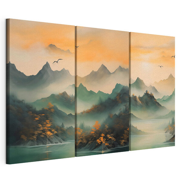 Bergketen met water en vliegende vogels Modulaire canvasprint Bergketen met water en vliegende vogels