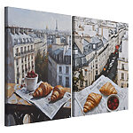 Modulaire canvasprint Schilderij van een stad met een croissant en een kopje fruit