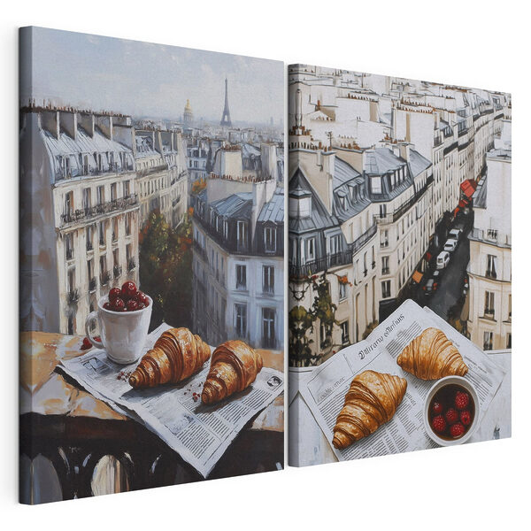 Schilderij van een stad met een croissant en een kopje fruit Modulaire canvasprint Schilderij van een stad met een croissant en een kopje fruit
