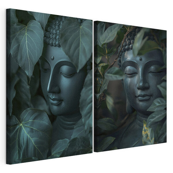 Standbeeld van een persoon omringd door bladeren Modulaire canvasprint Standbeeld van een persoon omringd door bladeren