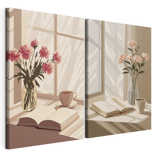 Een vaas met bloemen en een boek op de vensterbank Modulaire canvasprint Een vaas met bloemen en een boek op de vensterbank