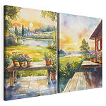 Modulaire canvasprint Aquarelschilderij van een huis en een tafel met bloemen
