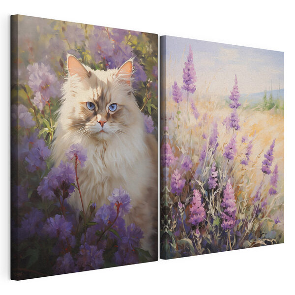 Kat in een bloemenveld Modulaire canvasprint Kat in een bloemenveld