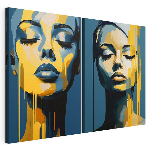 Het gezicht van een vrouw waar gele verf vanaf druipt Modulaire canvasprint Het gezicht van een vrouw waar gele verf vanaf druipt