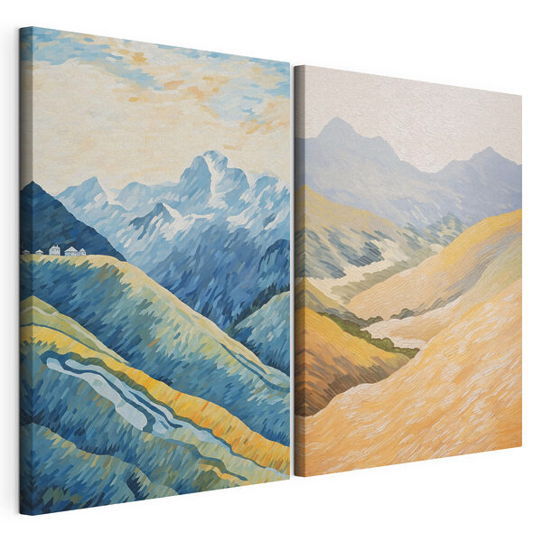 Schilderij van bergen en een rivier Modulaire canvasprint Schilderij van bergen en een rivier