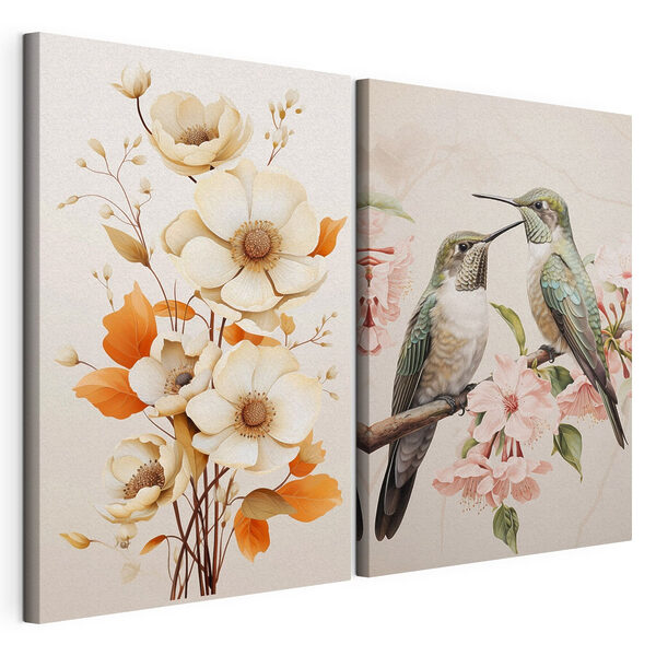 Twee vogels op een tak met bloemen Modulaire canvasprint Twee vogels op een tak met bloemen