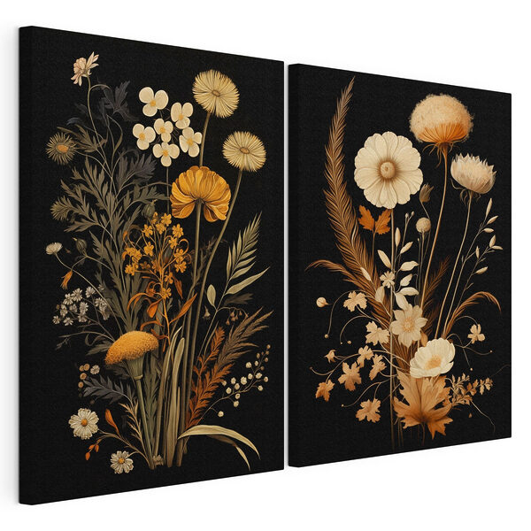Modulaire canvasprint Speelse botanische kunst op zwart