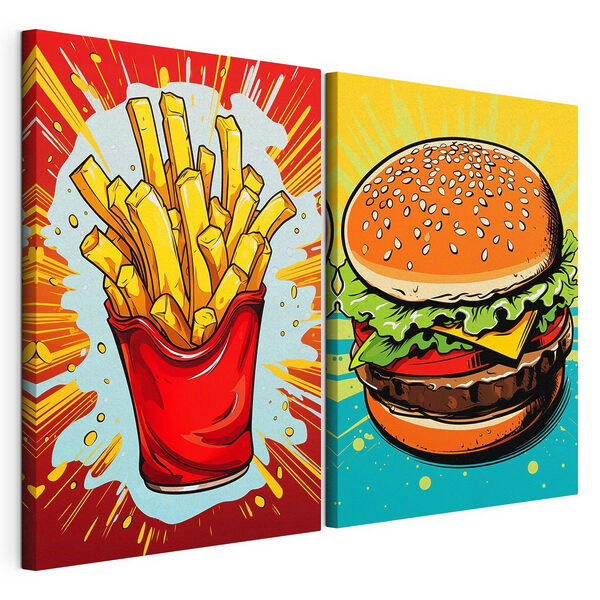 Hamburger en frietjes in een rode zak Modulaire canvasprint Hamburger en frietjes in een rode zak