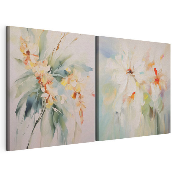 Modulaire canvasprint Twee schilderijen van bloemen op een witte ondergrond