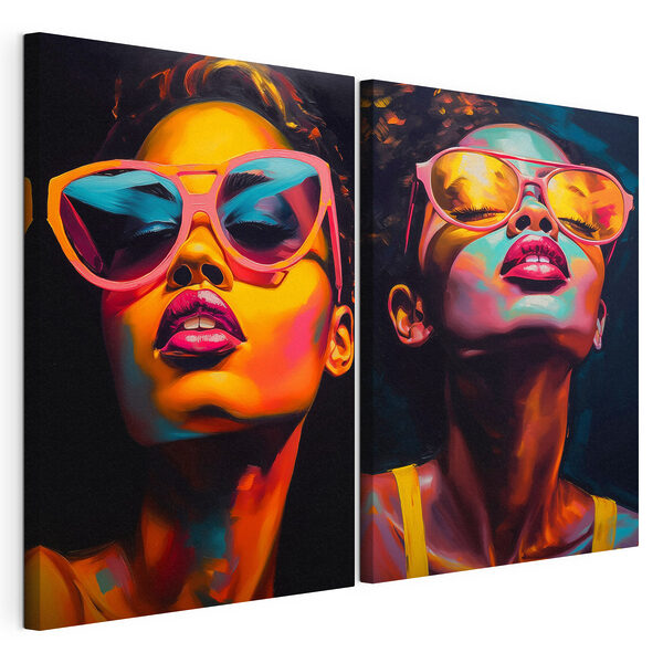 Vrouw met een roze zonnebril Modulaire canvasprint Vrouw met een roze zonnebril