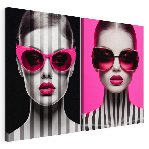 Vrouw met een roze zonnebril Modulaire canvasprint Vrouw met een roze zonnebril