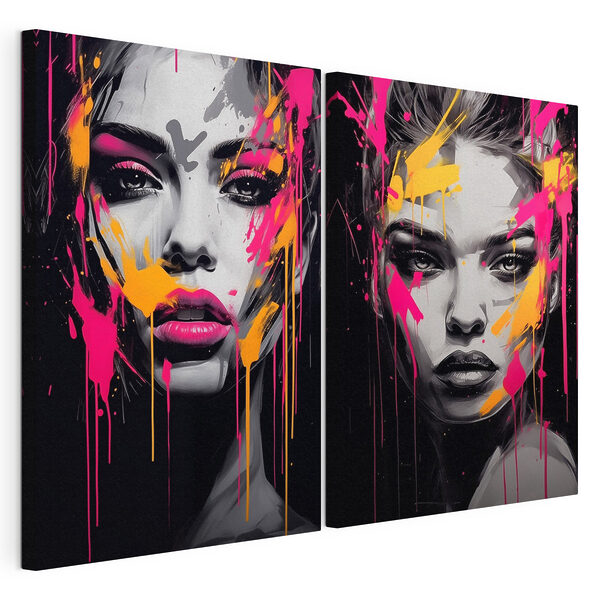 Collage van het gezicht van een vrouw met verfspatten Modulaire canvasprint Collage van het gezicht van een vrouw met verfspatten