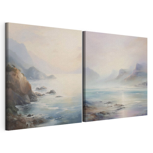 Schilderij van een strand en een rotsachtig strand Modulaire canvasprint Schilderij van een strand en een rotsachtig strand