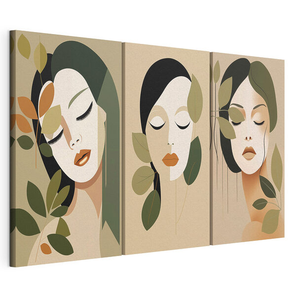 Het gezicht van een vrouw met bladeren Modulaire canvasprint Het gezicht van een vrouw met bladeren