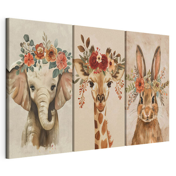 Collage van dieren met bloemen op hun hoofd Modulaire canvasprint Collage van dieren met bloemen op hun hoofd