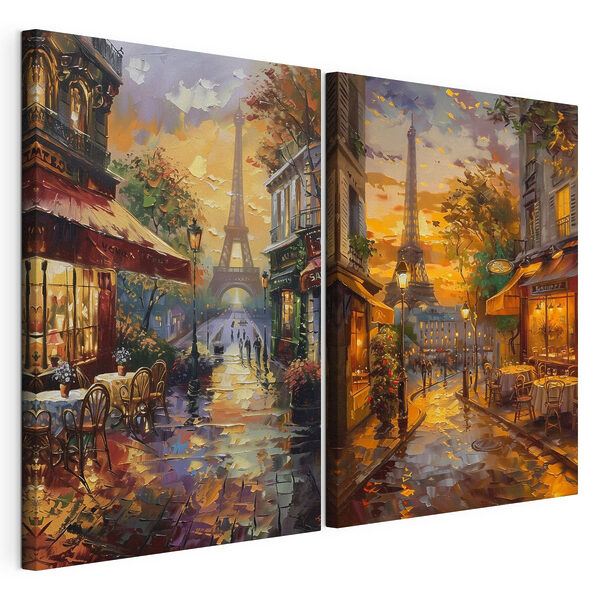Schilderij van een straat met een toren op de achtergrond Modulaire canvasprint Schilderij van een straat met een toren op de achtergrond