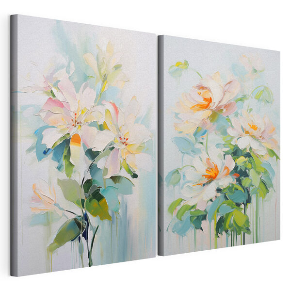 Schilderij van bloemen op een witte ondergrond Modulaire canvasprint Schilderij van bloemen op een witte ondergrond