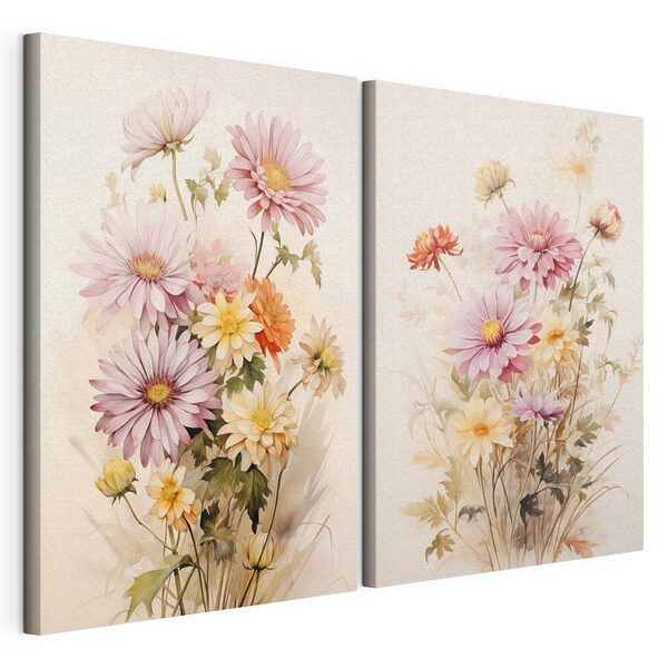 Schilderij van bloemen op een witte achtergrond Modulaire canvasprint Schilderij van bloemen op een witte achtergrond