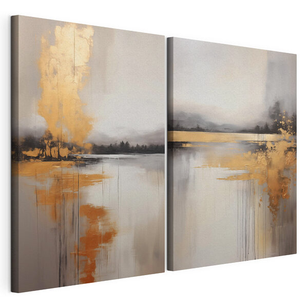 Schilderij van een meer en een mistig landschap Modulaire canvasprint Schilderij van een meer en een mistig landschap