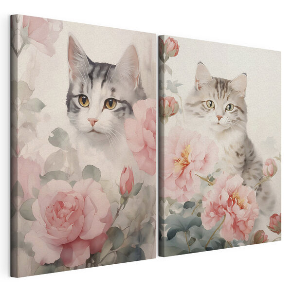 Kat in een bloementuin Modulaire canvasprint Kat in een bloementuin