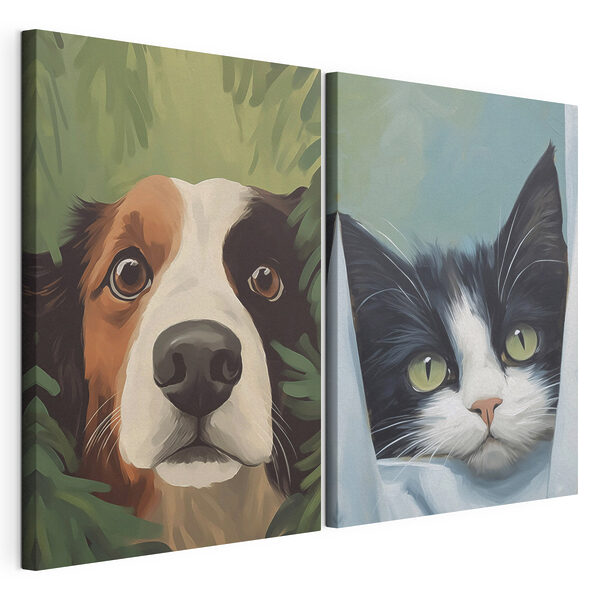 Nieuwsgierige huisdieren die van achteren gluren Modulaire canvasprint Nieuwsgierige huisdieren die van achteren gluren