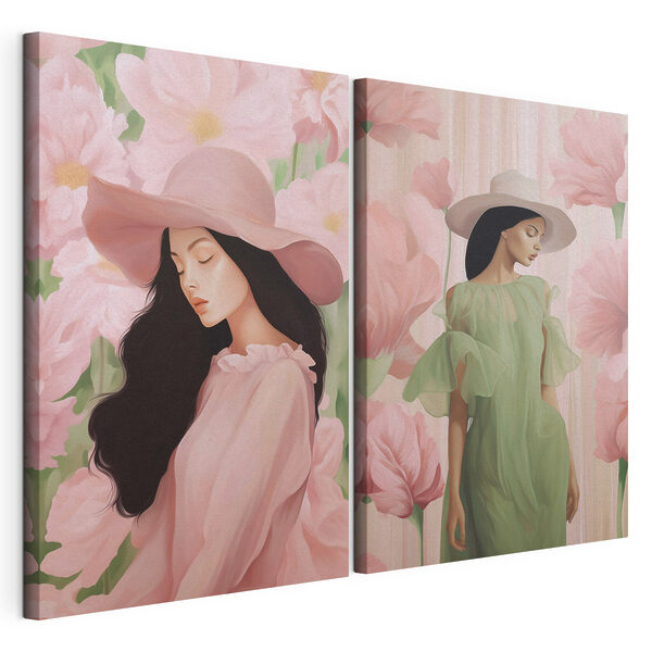 Vrouw in een jurk en met een hoed Modulaire canvasprint Vrouw in een jurk en met een hoed