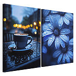 Modulaire canvasprint Een kopje koffie op een tafel met bloemen