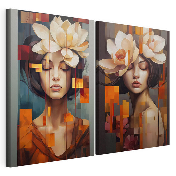 Collage van een vrouw met bloemen in haar haar Modulaire canvasprint Collage van een vrouw met bloemen in haar haar