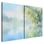 Modulaire canvasprint Aquarelschilderij van een boom en een meer