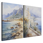 Modulaire canvasprint Aquarelschilderij van een stad en een strand