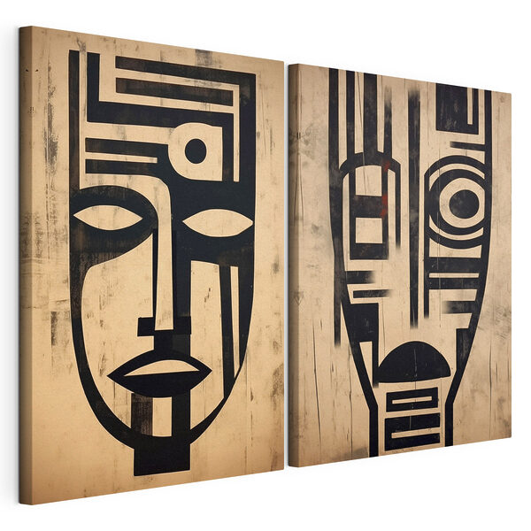 Modulaire canvasprint Abstracte gezichten in dikke zwarte lijnen