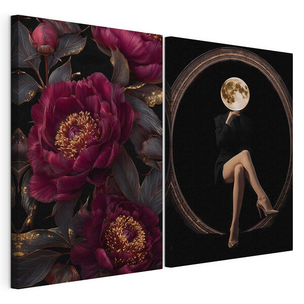 Modulaire canvasprint Collage van een vrouw die op een bloem zit