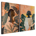 Modulaire canvasprint Collage van schilderijen van een vrouw en een vrouw met bladeren